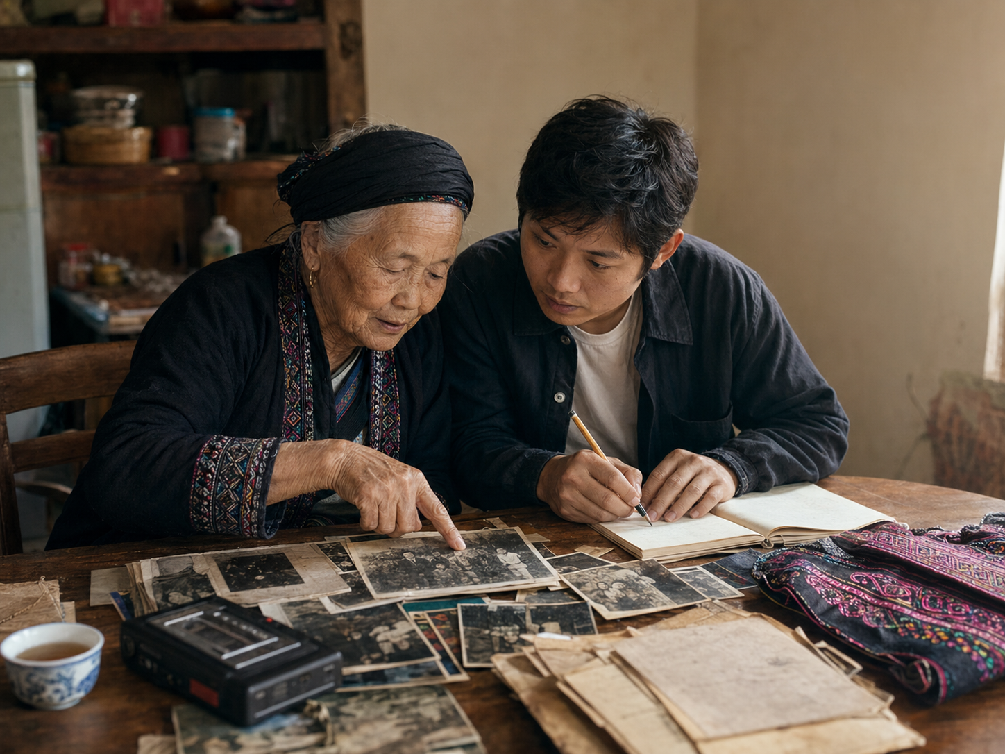 A Hmong elder and younger relative reviewing family photos together