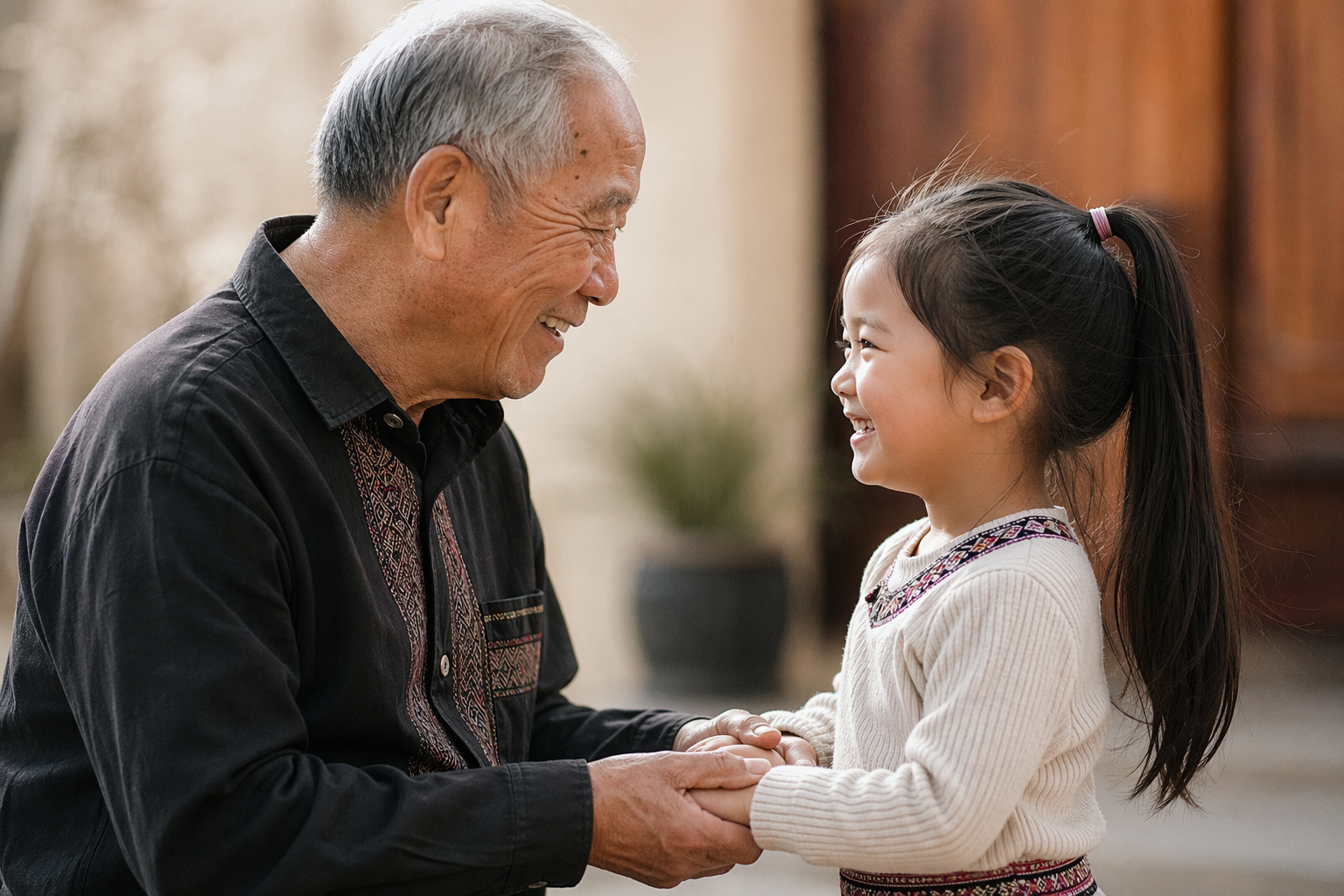 A Hmong grandfather holding hands with his granddaughter